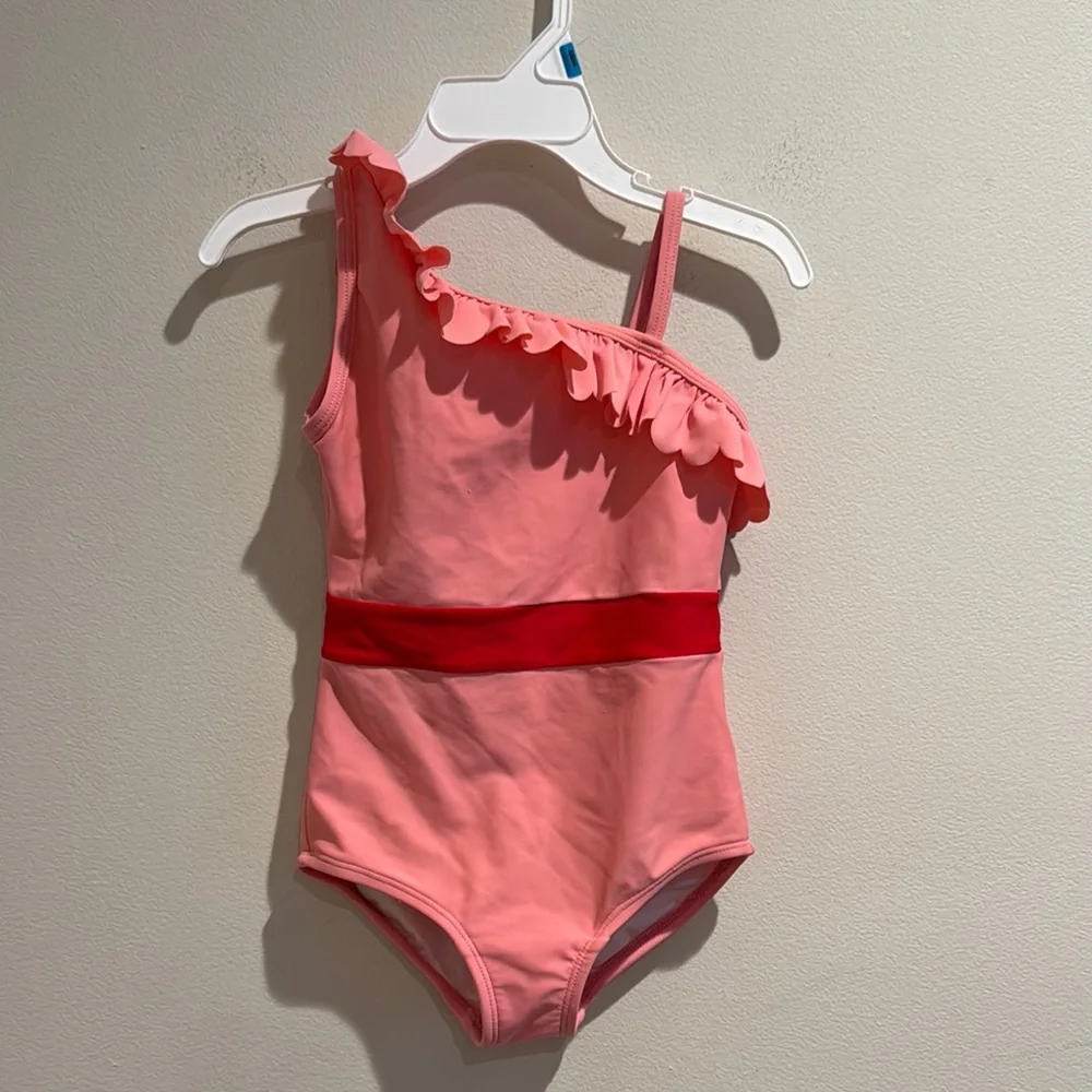 Hanna Anderson Pink and Red One-Shoulder Ruffle Swimsuit Toddler Size 3‎